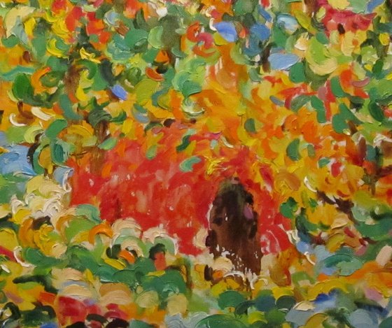 MONTMARTRE VINEYARDS. PARIS - Landscape autumn fall leaves, cityscape, plants, large size, original oil painting, red green, home decor interior art 150x150