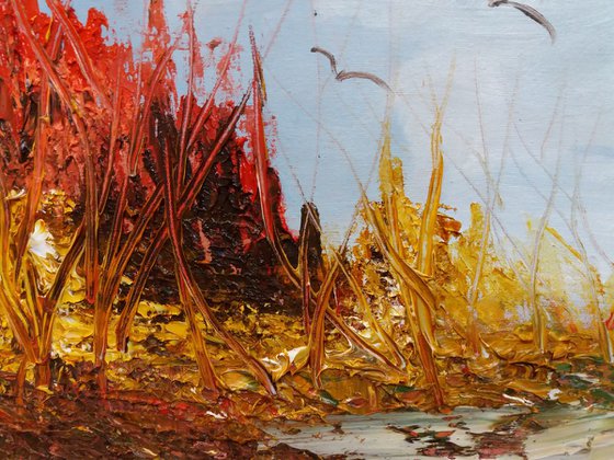 Shades of Autumn- a textured abstract landscape by Marjory Sime