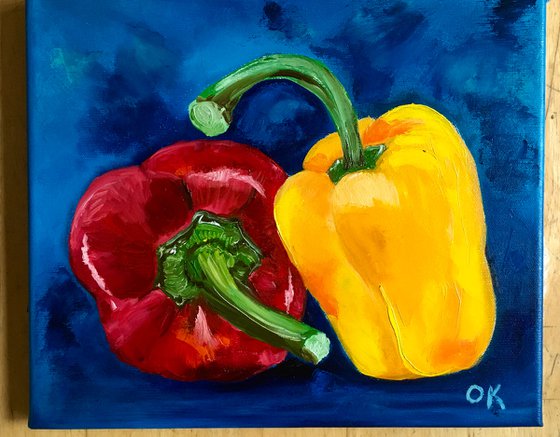 ReD and yellow Peppers on navy  blue background  #7