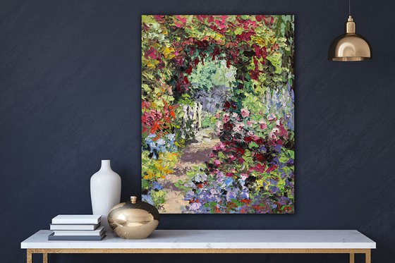 An original Textured Oil Garden Painting, "Roses And Violet Clematis"