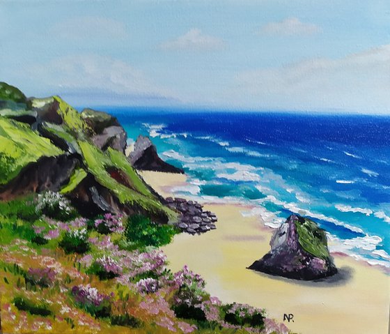 Cornwall, original british landscape beach oil painting, Gift, art for home