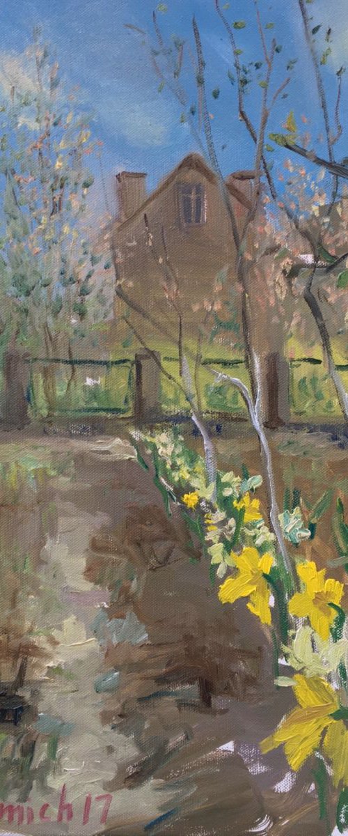 Spring Landscape Oil painting, Daffodils in the Garden, original paintings Impresion flowers by Leo Khomich