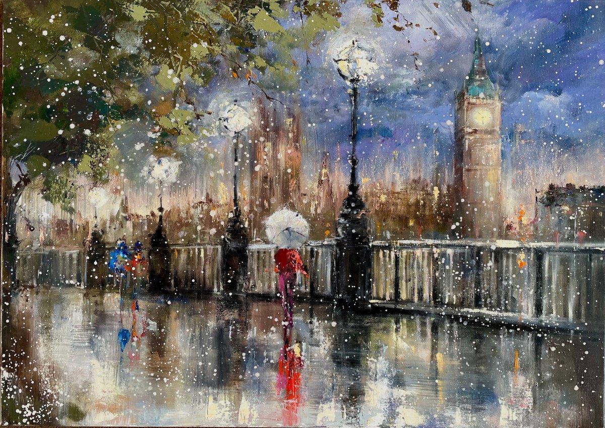 Impressionistic Landscape Oil Painting By Ewa Czarniecka, 28 X 20, That Night In London, Original Artwork
