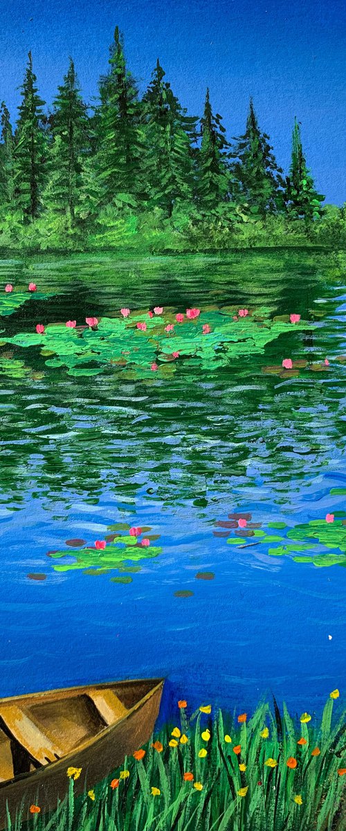 Boat near water lily pond ! A4 size Painting on paper by Amita Dand
