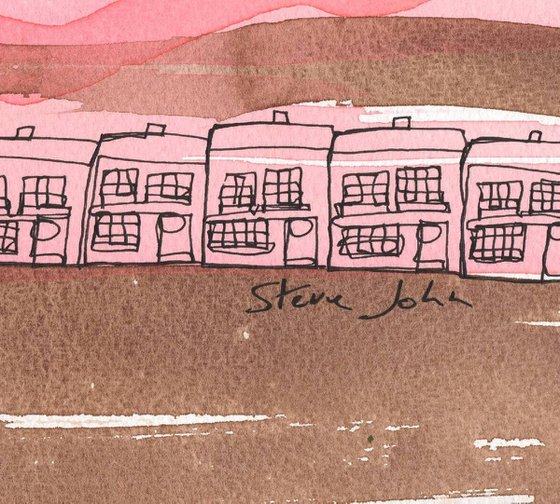 Terraced houses with strawberry pink and brown washes. Continuous Line Artwork