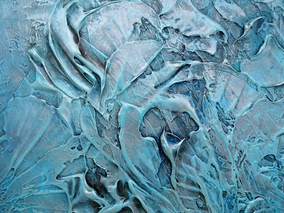 HIDDEN TREASURE. Large Abstract Blue Teal Silver Gray Textured Painting 3D