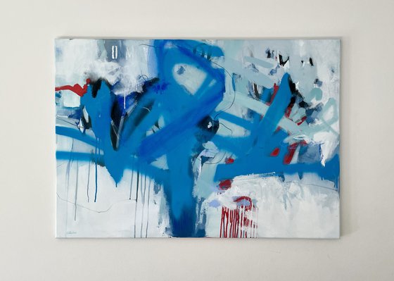 ON MY WAY - 100 x 70 CM - ABSTRACT PAINTING ON CANVAS * BLUE * WHITE