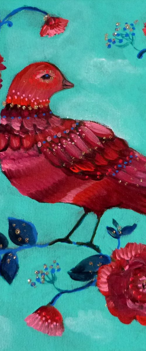 The flowered stopover 20 x 20 cm folk bird. by Loetitia Pillault
