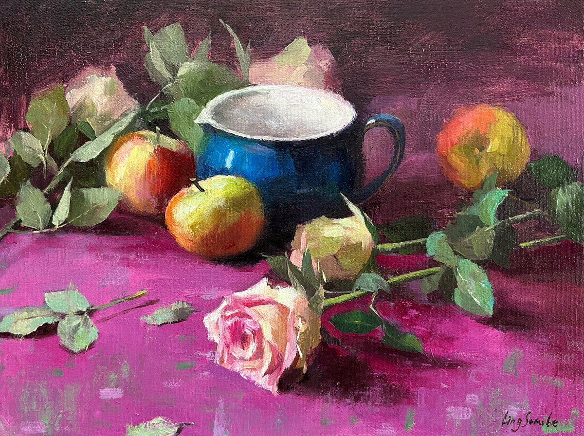 Impressionistic Still Life Oil Painting By Ling Strube, 16 X 12", A Peaceful Moment #3, Original Artwork