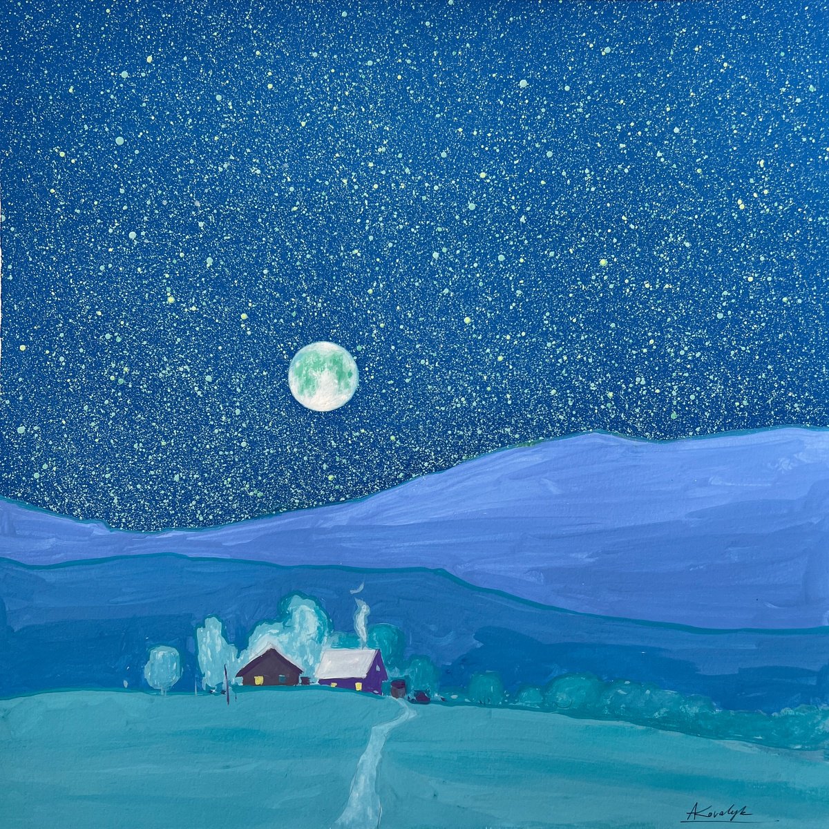 Impressionistic Landscape Painting By Andrii Kovalyk, 20 X 20, Night Calm Radiance, Original Artwork