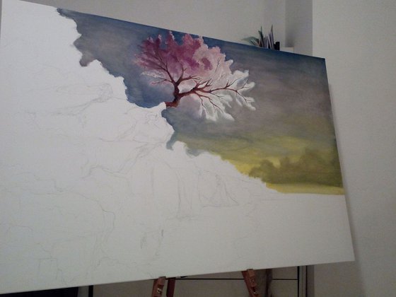 Tree on a Cliff---EXTRA WIDE PAINTING--cheap shipping world wide