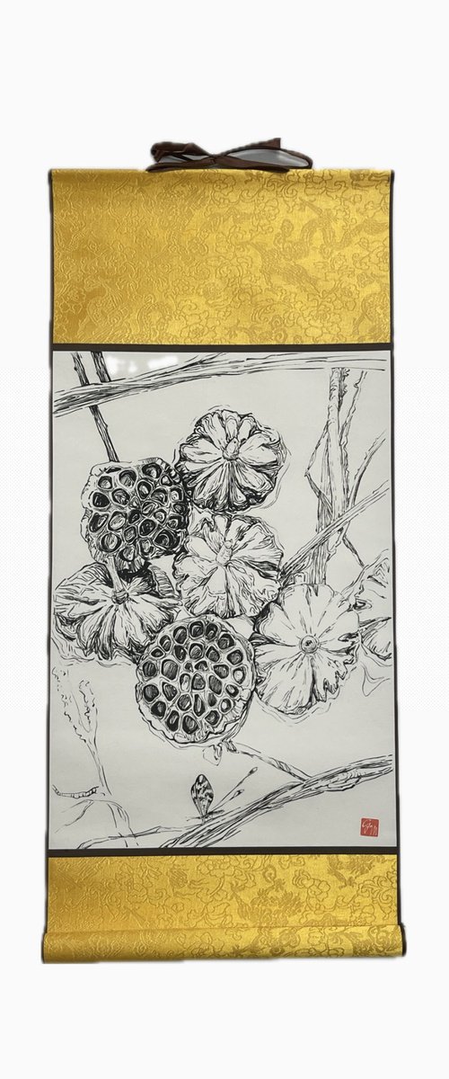 Lotus pods on scroll paper by Guzel Min
