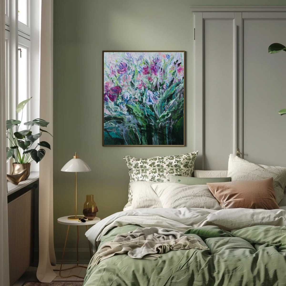 Impressionistic Botanical Acrylic Painting By Katia Solodka, 27 X 31", Dancing Petals In Spring, Original Artwork