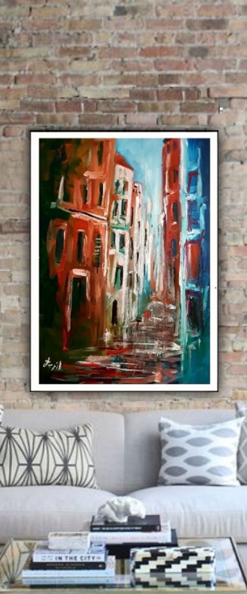 N27 Small town alley acrylic on canvas 70x100cm by Lukasz Lepik