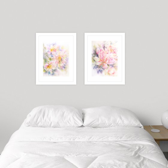 Watercolor floral painting, diptych "June peonies"