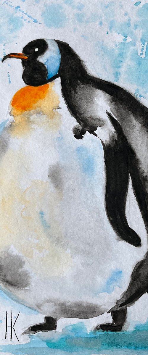 Penguin Original Watercolor Painting by Halyna Kirichenko