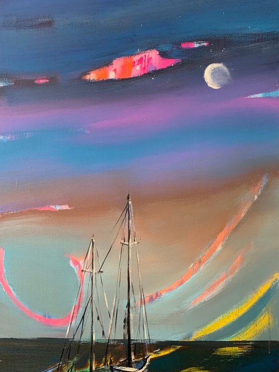 Horizontal seascape - "Night ocean" - Boat in sea - Boat - Sea - Ocean - Sunset