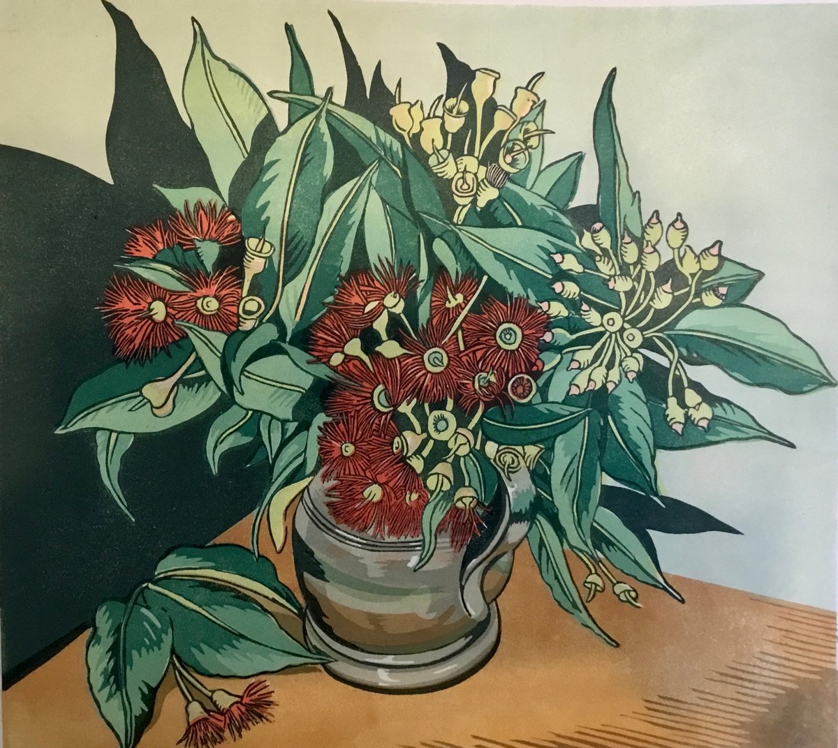 Botanical Linocut By Rosalind Forster, 21 X 20", Red Flowering Gums In A Peuter Jug, Original Artwork