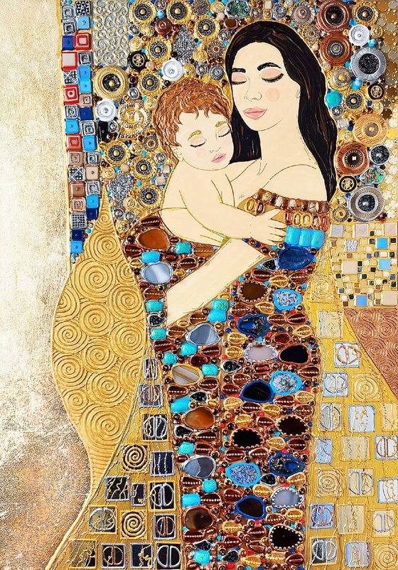 Mother and child (Klimt inspired). NATURAL GEMSTONES & mosaic