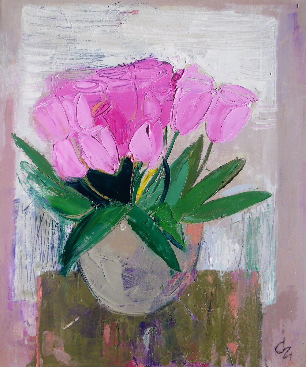 Expressive Oil Painting , Pink Tulips By Victoria Cozmolici, 20 X 24, Artwork For Sale On Artfinder