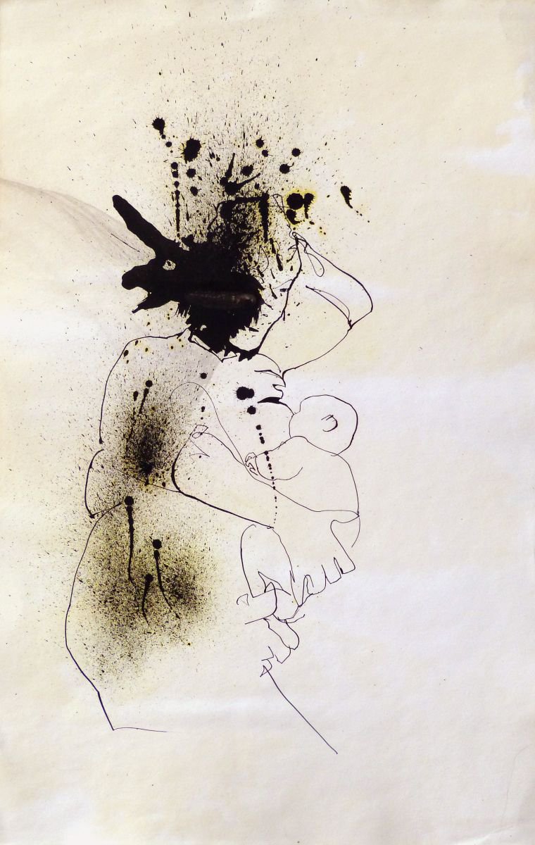 Expressive Portrait Ink Drawing By Frederic Belaubre, 13 X 20, Maternity 3, 32X50 Cm, Original Artwork