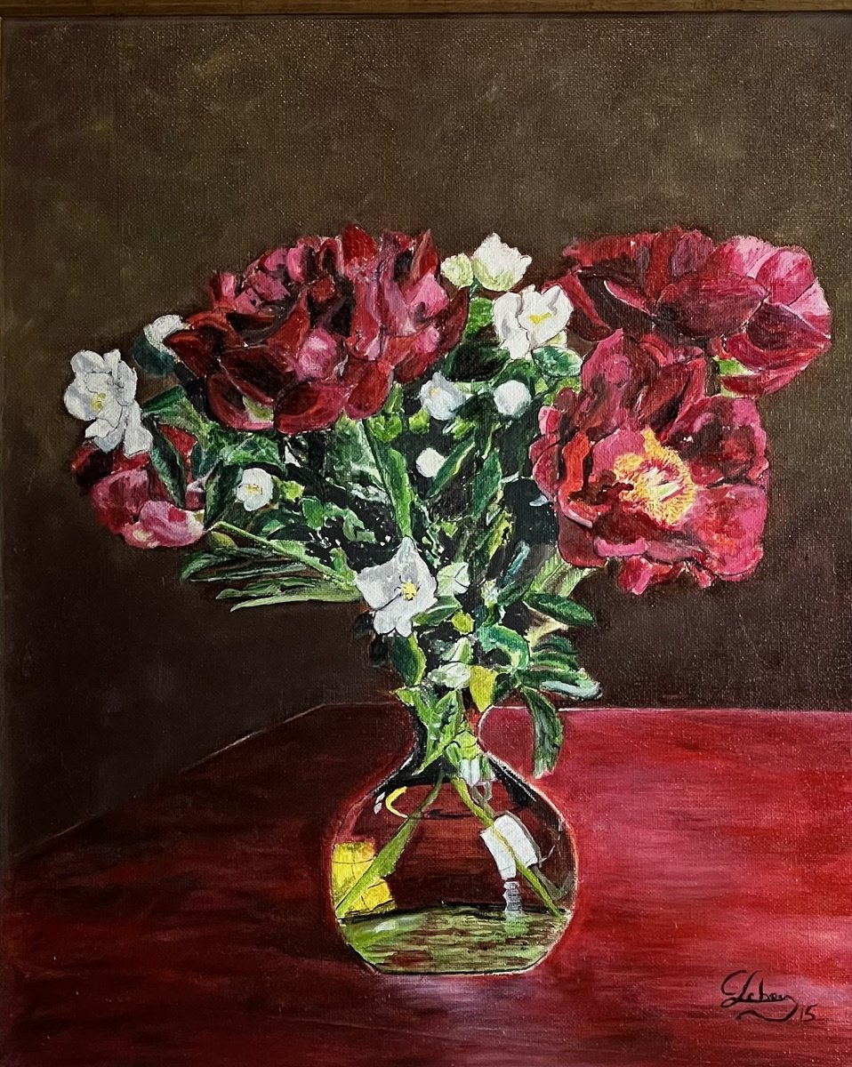 Impressionistic Botanical Oil Painting By Isabelle Lucas, 22 X 25, Peonies In A Vase, Original Artwork