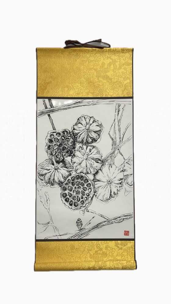 Lotus pods on scroll paper