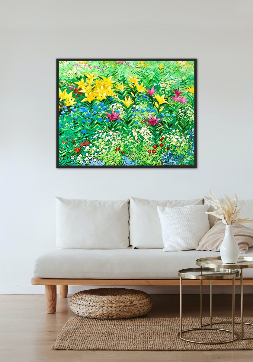 Abstract flowers painting, summer garden wall art, Impressionism painting by Volodymyr Smoliak
