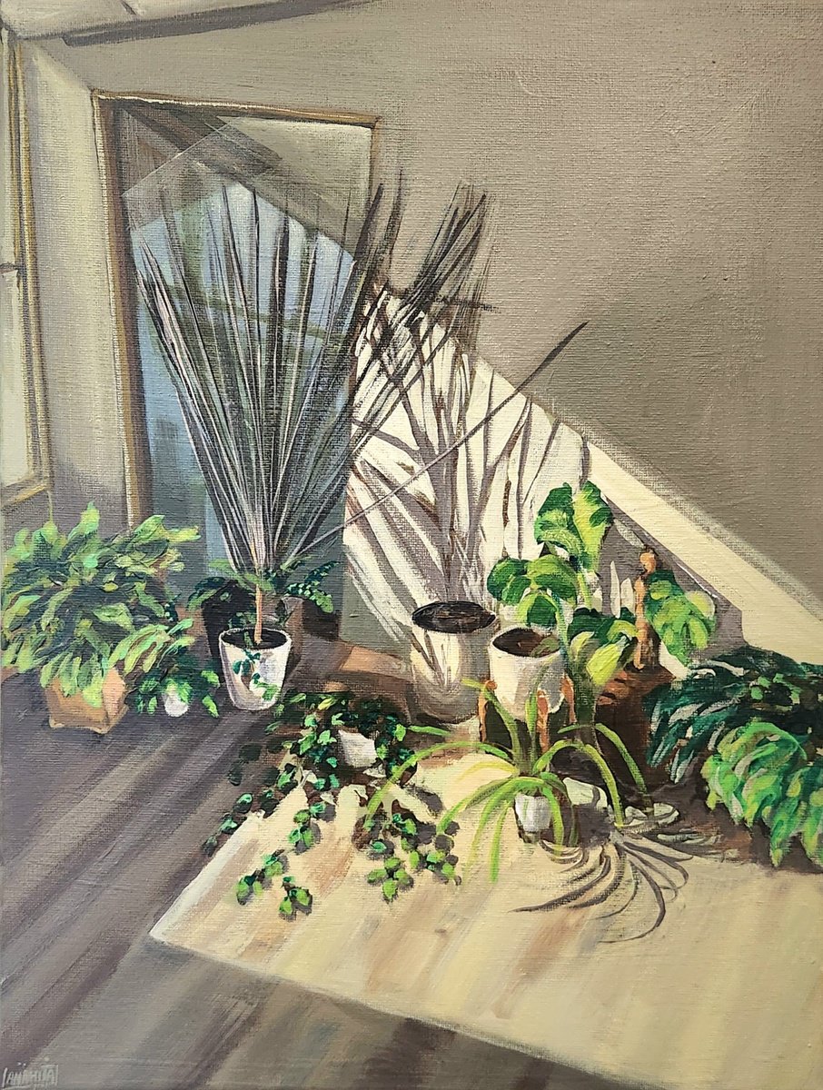 Expressive Still Life Acrylic Painting By Anahita Amouzegar, 12 X 16, Sunlit Sanctuary, Original Artwork