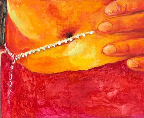 NECKLACE -  original oil painting, figurative, indian oriental scene, yellow red vivid colours, tummy by Karakhan