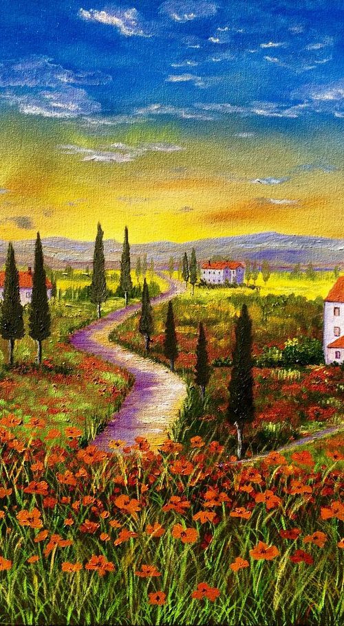 Tuscany sunset xlarge painting. Gift idea by Inna Montano