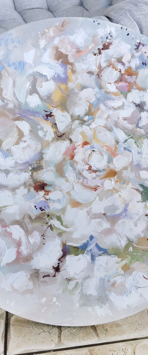 White peonies on round canvas, White flowers painting by Annet Loginova