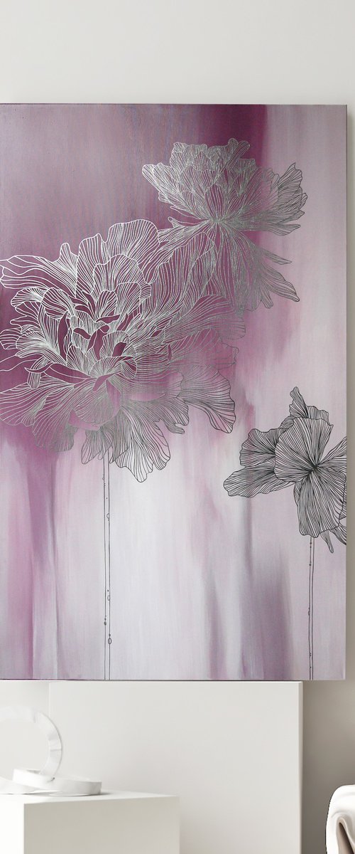 "Pink Thinness 2" Silver flowers abstract art by Marine Boiko