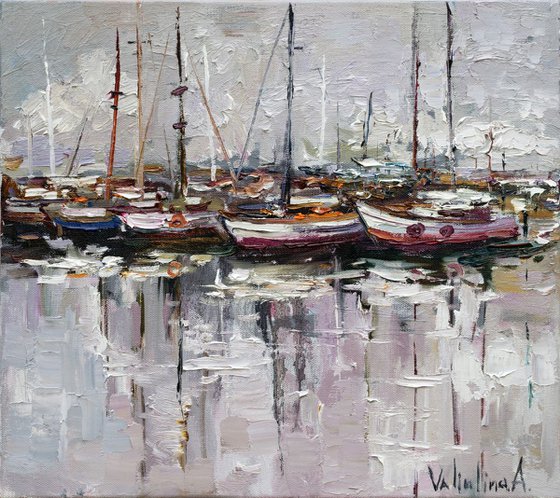 Marina on a rainy day - Original oil painting