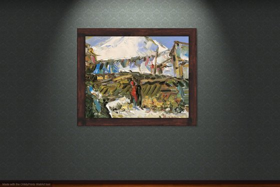 MOUNTAIN LANDSCAPE. KURUSH MOUNTAIN VILLAGE - landscape art, mountainscape, mountain, life highland 28x35
