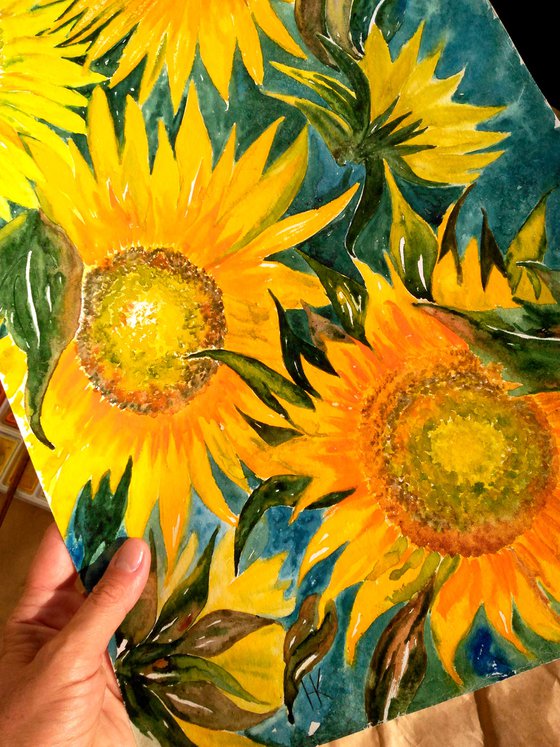 Sunflowers Painting Floral Original Art Flowers Small Watercolor Artwork Home Wall Art 12 by 17" by Halyna Kirichenko