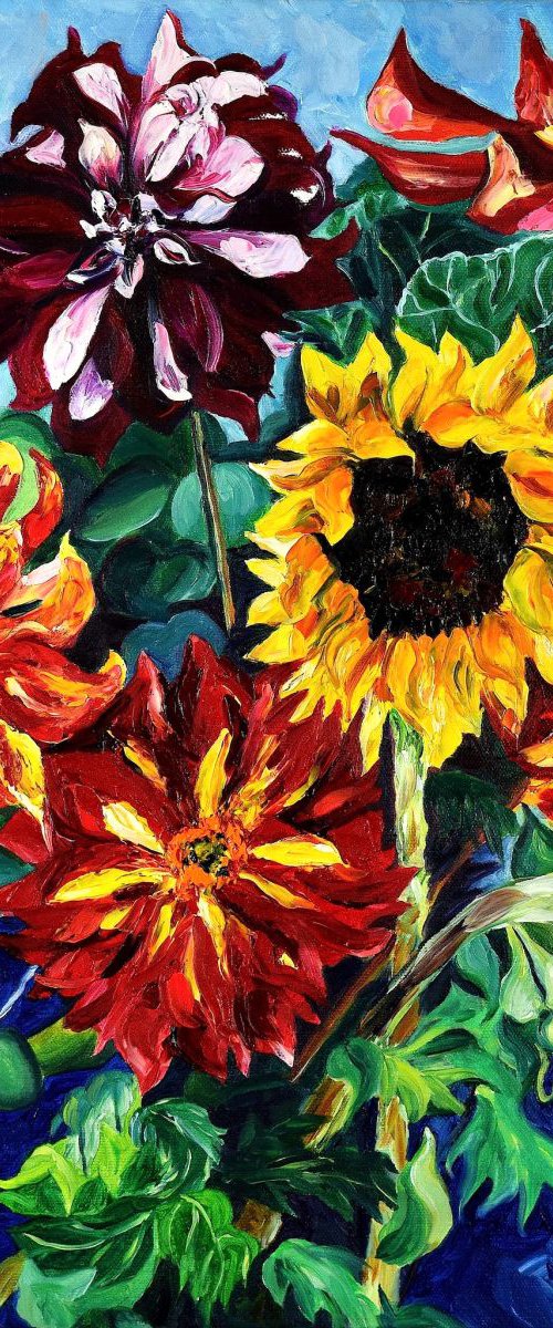 Sunflowers & Dahlias on Cobalt by Christina M Plichta
