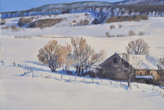 Snowy Farms at the Foot of Mount Alambre