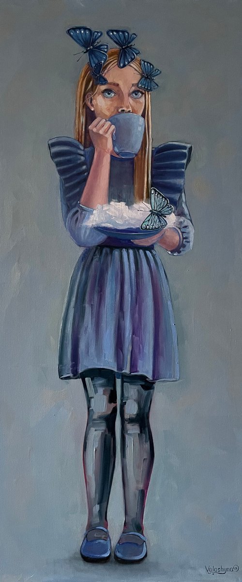 Butterfly on a cloud. Surrealism. Original oil painting girs, Portrait by Mary Voloshyna