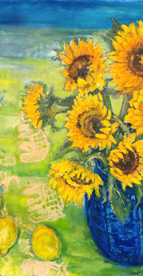 Sunflowers with Lemons and African cloth by Patricia Clements