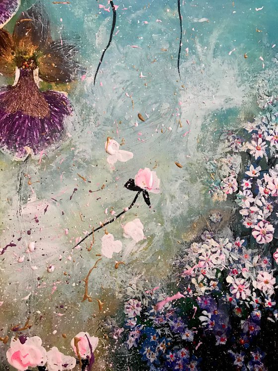 "Strangely beautiful2"impressionistic floral garden orchids roses pink purple gold turquoise
