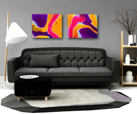 "Flow With Me Series" - Original Diptych, Abstract PMS Fluid Acrylic Paintings Series - 40" x 16"