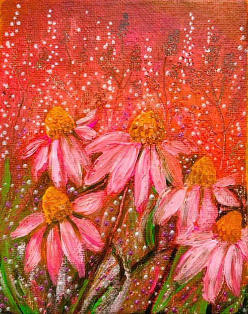 Pink Echinacea, small acrylic landscape canvas board painting by Janice MacDougall