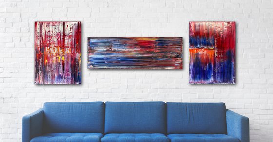 "Cut It Together" - Save As A Series - Original Large PMS Abstract Triptych Oil Paintings On Canvas - 72" x 24"