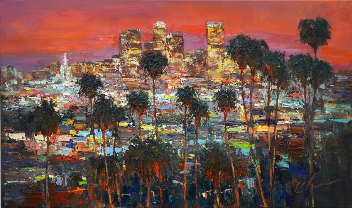 Impressionistic Cityscapes Oil Painting By Serhii Cherniakovskyi, 39 X 24", Twilight In Los Angeles, Original Artwork