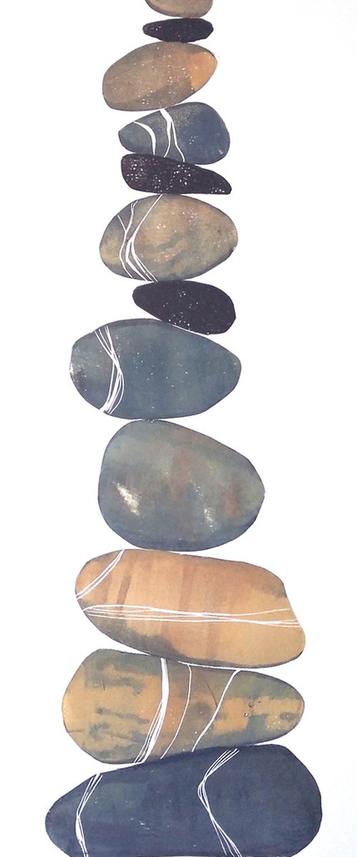 Zen stones - Twelve stones #8  ( banded balancing stones lino/monoprint) by Carolynne Coulson