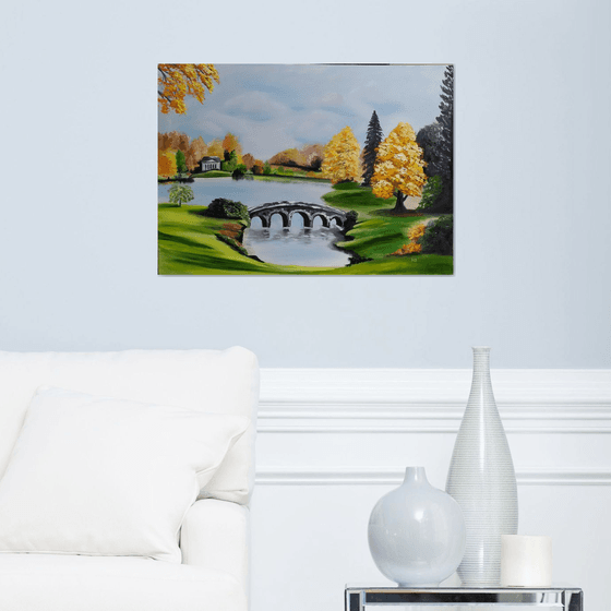 Stourhead gardens ,Wiltshire England, original park landscape oil painting