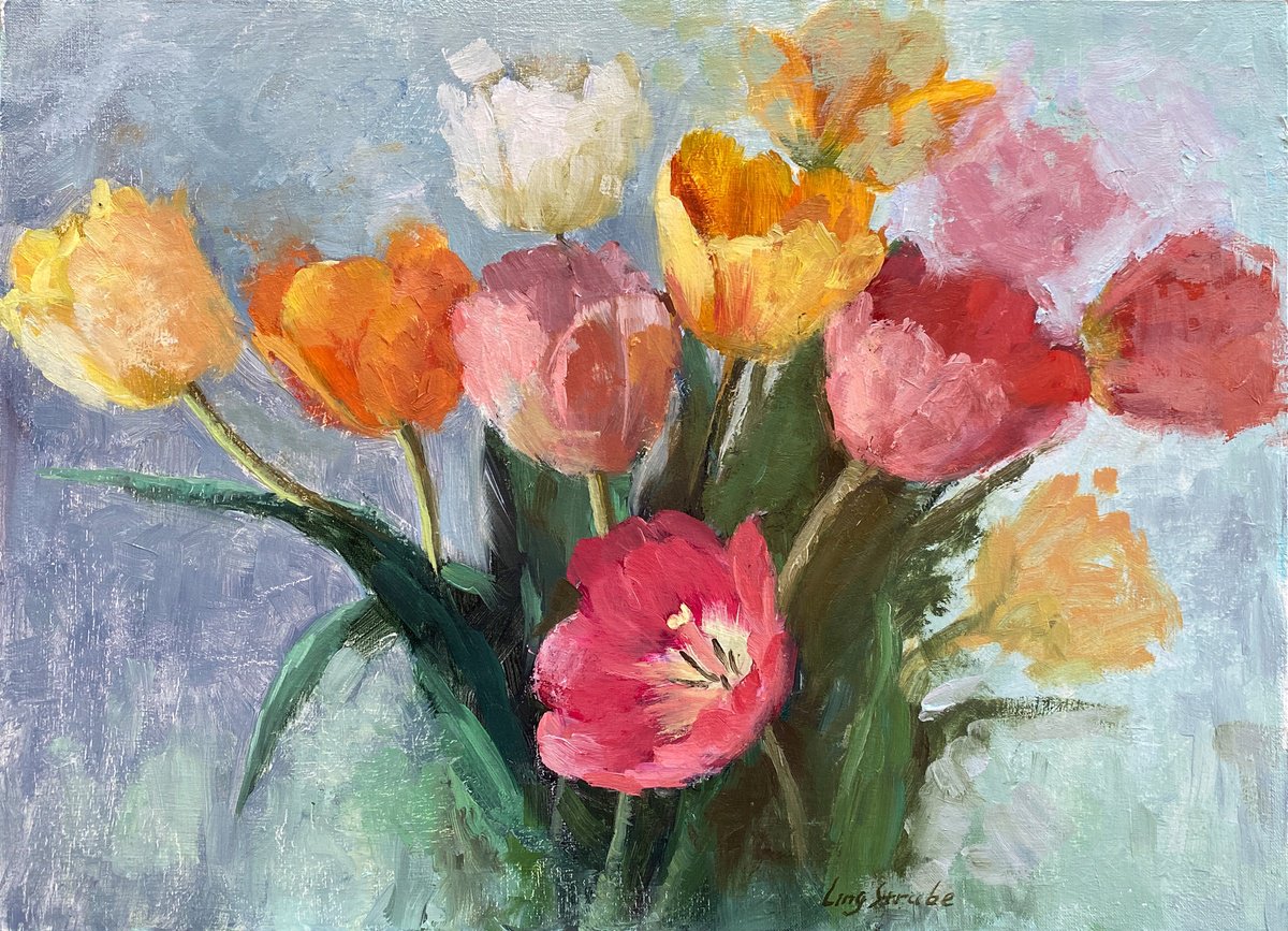 Impressionistic Botanical Oil Painting By Ling Strube, 16 X 12", Blooming, Original Artwork
