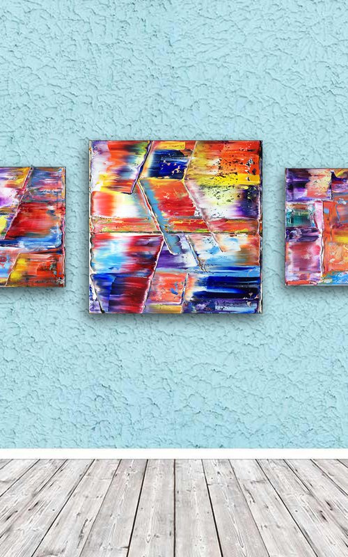 "Seeing All The Angles" - FREE USA SHIPPING - Original PMS Abstract Triptych Oil Paintings On Canvas - 64" x 24" by Preston M. Smith (PMS)