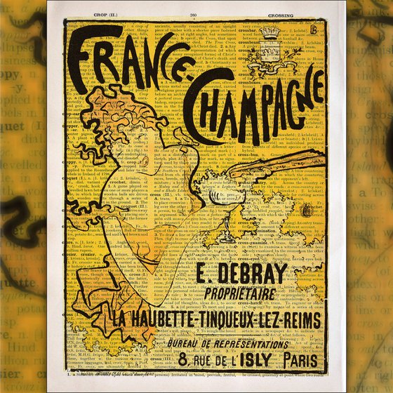 France Champagne - Collage Art Print on Large Real English Dictionary Vintage Book Page